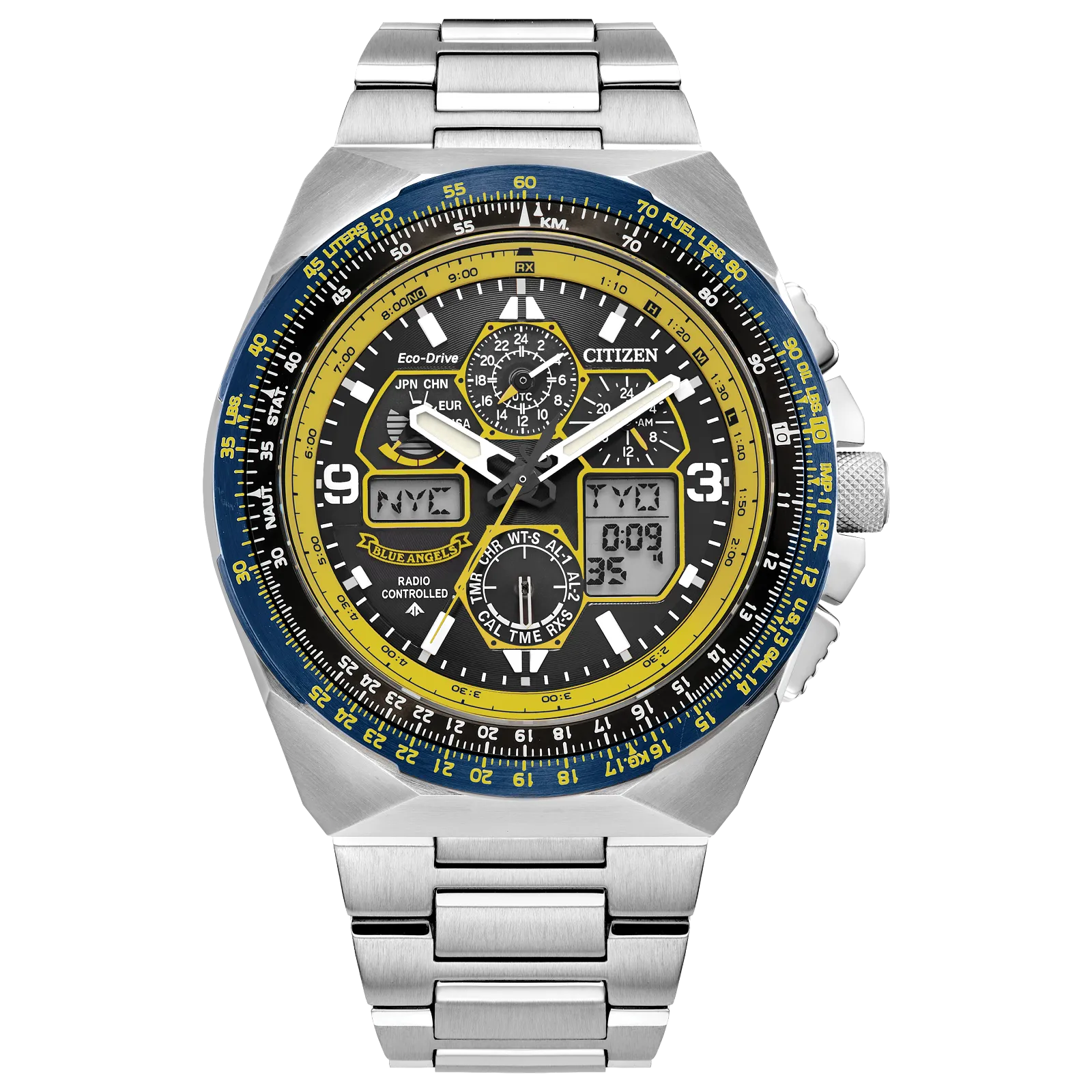 The Citizen Watch - Blue Angels Eco-Drive (JY8125-54L) features a stainless steel band, black and yellow dial, analog and digital displays, three subdials, blue bezel accents, and world city time zones.
