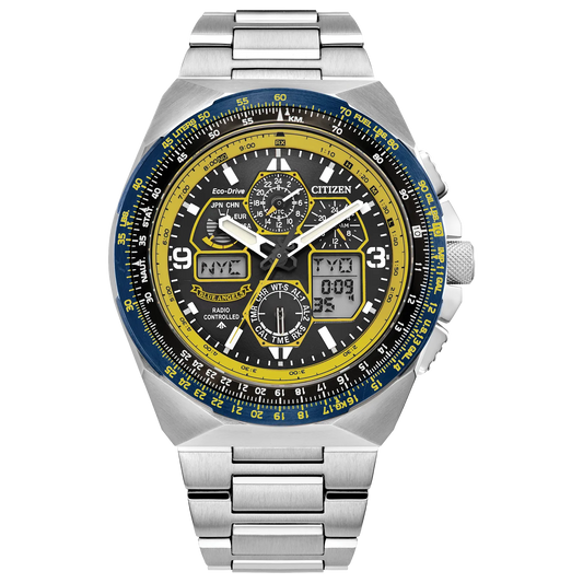 The Citizen Watch - Blue Angels Eco-Drive (JY8125-54L) features a stainless steel band, black and yellow dial, analog and digital displays, three subdials, blue bezel accents, and world city time zones.