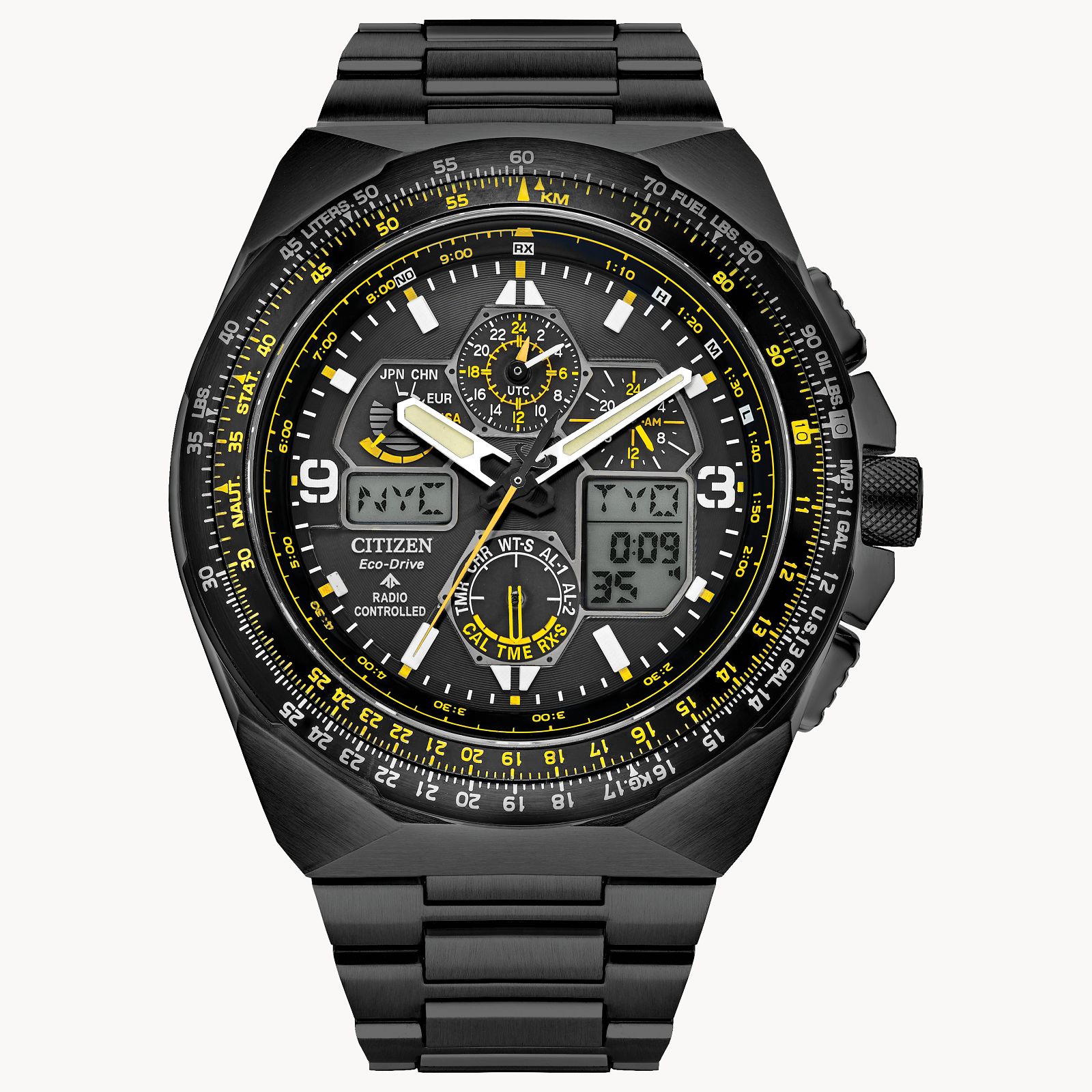 The Citizen Promaster Skyhawk JY8127-59E is a black men's watch with yellow accents, analog and digital displays, multiple dials, metal band, and supports various time zones and functions.