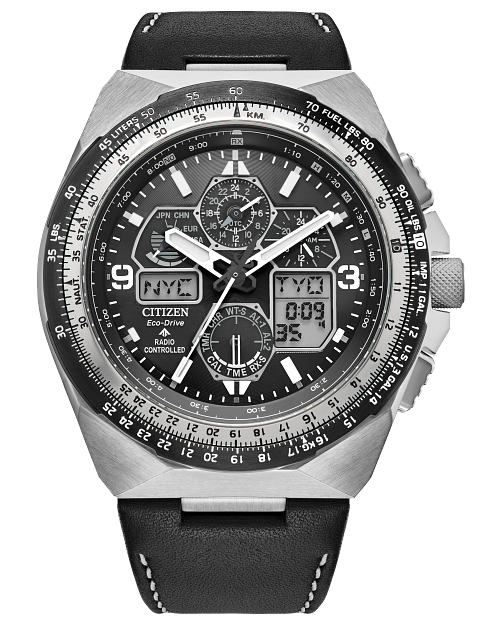 The Citizen Promaster Skyhawk A-T (JY8149-05E) is an analog-digital watch with atomic timekeeping, world time zones, stainless steel case, black leather strap, digital displays, and detailed markings.