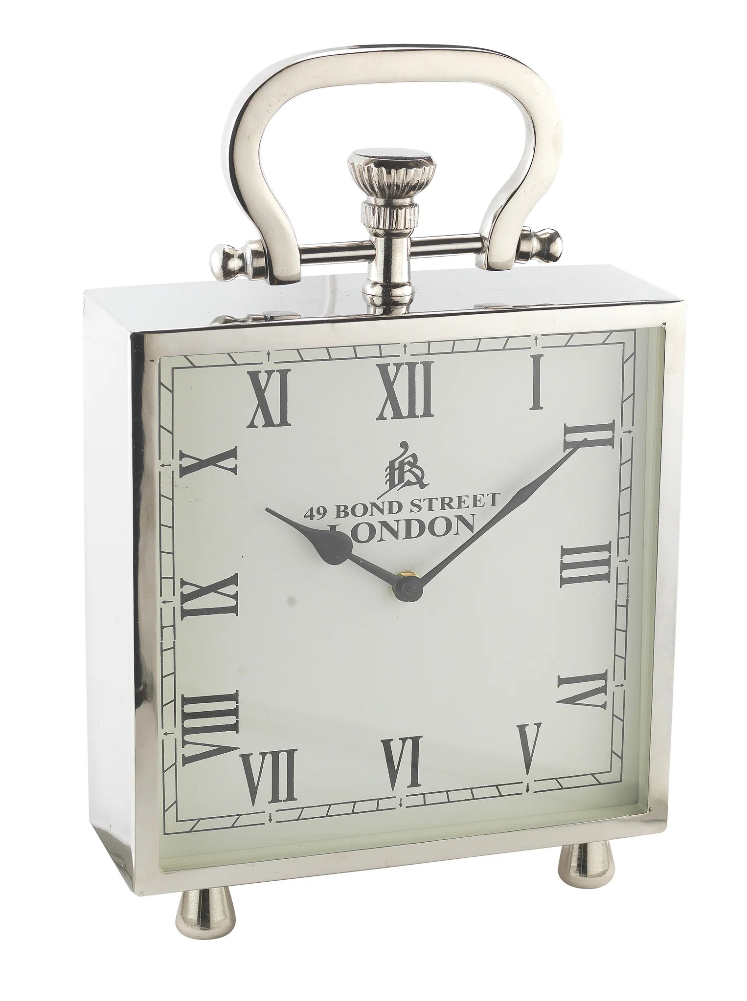 The A Sanoma - Large Nickel Clock (KG227) by A Sanoma is a square silver handmade clock with Roman numerals, 49 Bond Street London on the face, a top handle, small base feet, and shows the time as 10:09.