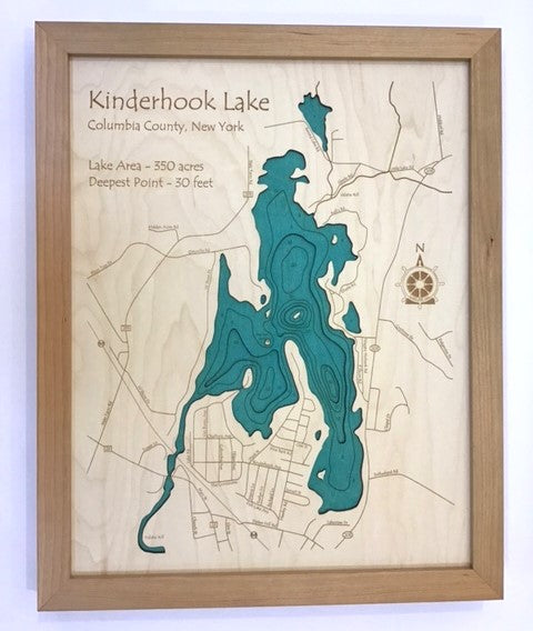 Lake Map - Kinderhook Lake - Laser Carved Wooden Relief Map - 14" x 18" - New York