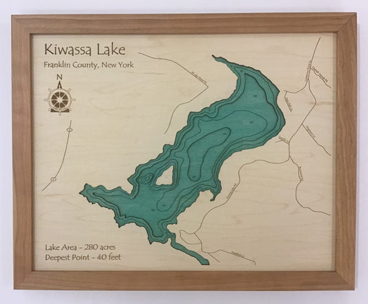Lake Map - Kiwassa Lake - Laser Carved Wooden Relief Map - 14" x 18" - New York