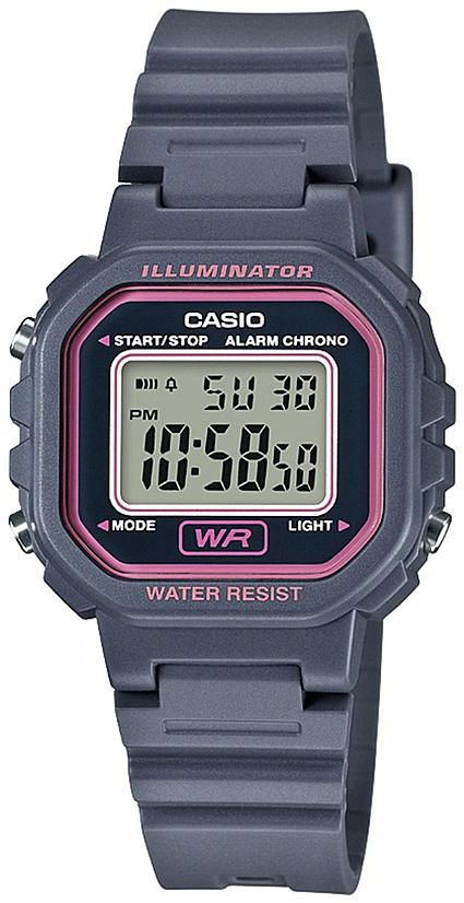 The Casio Watch - Digital - LA20WH-8 by VLC Distribution Co. features a gray rectangular face, pink accents, rubber strap, labeled buttons, LED light, 10:58:50 PM display (5-11-30), and is water resistant.