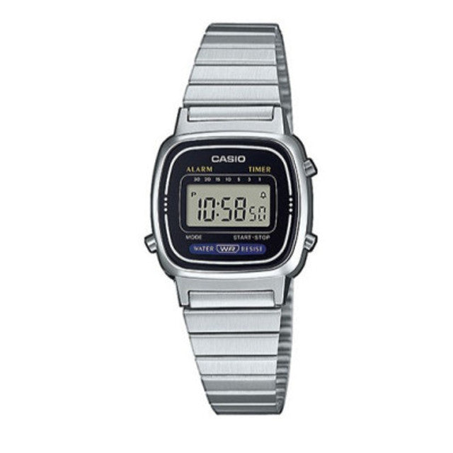 The Casio Watch - Retro - LA670WA-1WCB by VLC Distribution Co. features a silver metal band, rectangular face showing 10:58, plus alarm, timer, and water resistance for reliable everyday style.