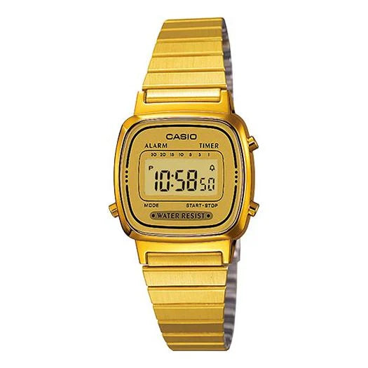 The Casio Watch - Retro - LA670WGA-9CF by VLC Distribution Co. features a gold rectangular face displaying 10:58:50, an alarm, timer, water resistance, and a matching gold metal band.