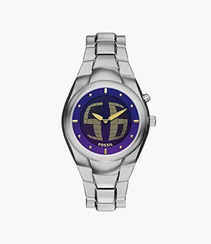The Fossil Watch - Limited Edition Y2K Big Tic (LE1228) features a silver metallic band, blue and gold geometric dial, and gold hour markers.