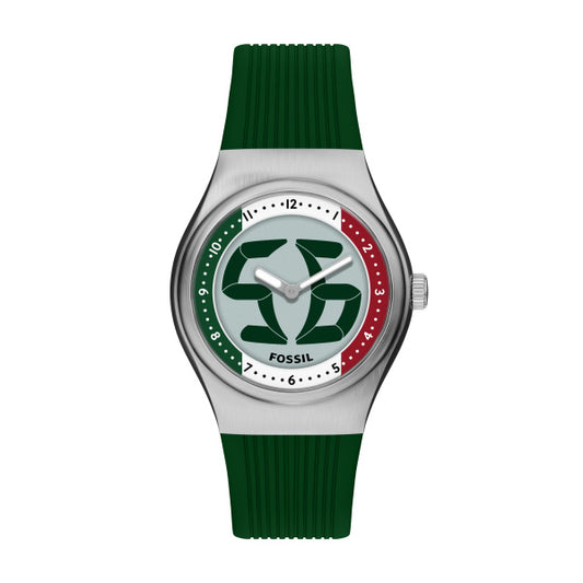 The Fossil Watch - Limited Edition Big Tic (LE1236) features a green/red striped band, silver case, white face with bold green/red “SB” logo, black hour markers, and “Fossil” branding—an eye-catching collectible.