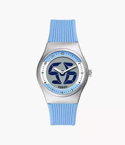 The Fossil Watch - Limited Edition Big Tic Argentina (LE1240) features a silver and blue case, blue rubber strap, minimalist markers, and an abstract blue dial design—a distinctive statement from Fossil.