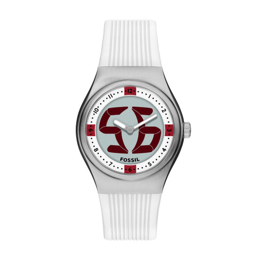 The Fossil Watch - Limited Edition Big Tic LE1241 features a white ribbed strap, silver case, light gray dial with maroon SB design, black markers, and Fossil logo. Inspired by the Archival Big Tic collection.