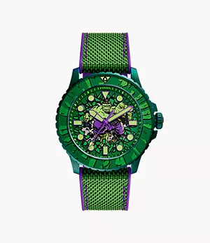 Introducing the Fossil Watch - Marvel Incredible Hulk - LE1246SET, a limited edition timepiece by Fossil featuring an illustration of the Marvel Incredible Hulk on the dial, complemented by comic-style design details and a matching green strap.