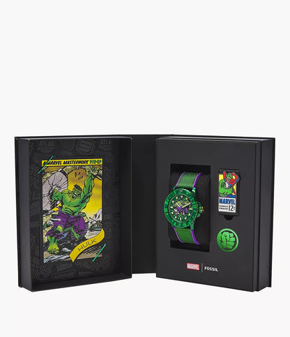 Introducing the Fossil Watch - Marvel Incredible Hulk - LE1246SET: a limited edition set from Fossil featuring a green and purple watch, a coordinating pin, and an exclusive comic-style Marvel Incredible Hulk illustration on the inside cover.