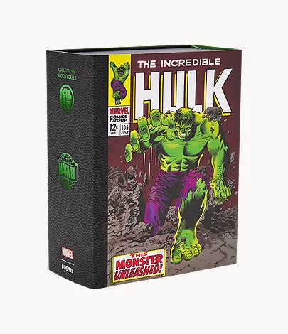 A special edition box styled like a classic comic book showcases the Fossil Watch - Marvel Incredible Hulk - LE1246SET, with dynamic artwork of the Hulk smashing through rubble, the phrase “This Monster Unleashed!”, and authentic vintage Marvel branding—making it an ideal collectible from Fossil.