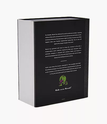 The back cover of this hefty Marvel book features bold white text, a small illustration of the Marvel Incredible Hulk, and the phrase “Hulk smash, Marvel!” on a solid black background—evoking an exclusivity reminiscent of the Fossil Watch - Marvel Incredible Hulk - LE1246SET by Fossil.