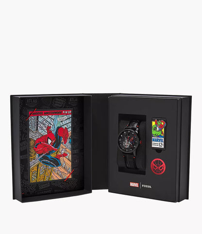 Introducing the Fossil Watch - Marvel Spider-Man - LE1247SET: a limited edition gift set from Fossil featuring a Spider-Man watch with Japanese automatic movement, an exclusive Spider-Man comic art panel, and a collectible pin—all showcased in a sleek black box adorned with Marvel branding.