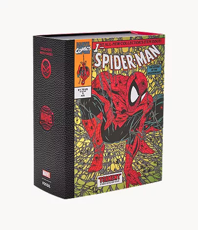 Encased in packaging inspired by the inaugural issue of Marvel’s Spider-Man comic—showcasing Spider-Man crouched in his signature red and blue suit against a web backdrop, with “Torment Part One of Five” featured at the bottom—the Fossil Watch - Marvel Spider-Man - LE1247SET from Fossil is perfectly presented for collectors. This limited edition Marvel timepiece boasts a Japanese automatic movement, making it an eye-catching tribute to an iconic hero.