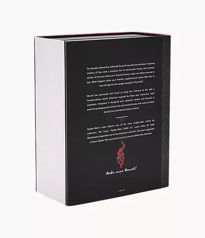 A thick hardcover book is shown from the back against a plain white background. The cover features white and red text, along with a small illustration of Spider-Man pointing upward—evocative of the iconic artwork associated with the Fossil Watch - Marvel Spider-Man - LE1247SET by Fossil—and boasts a textured black spine.