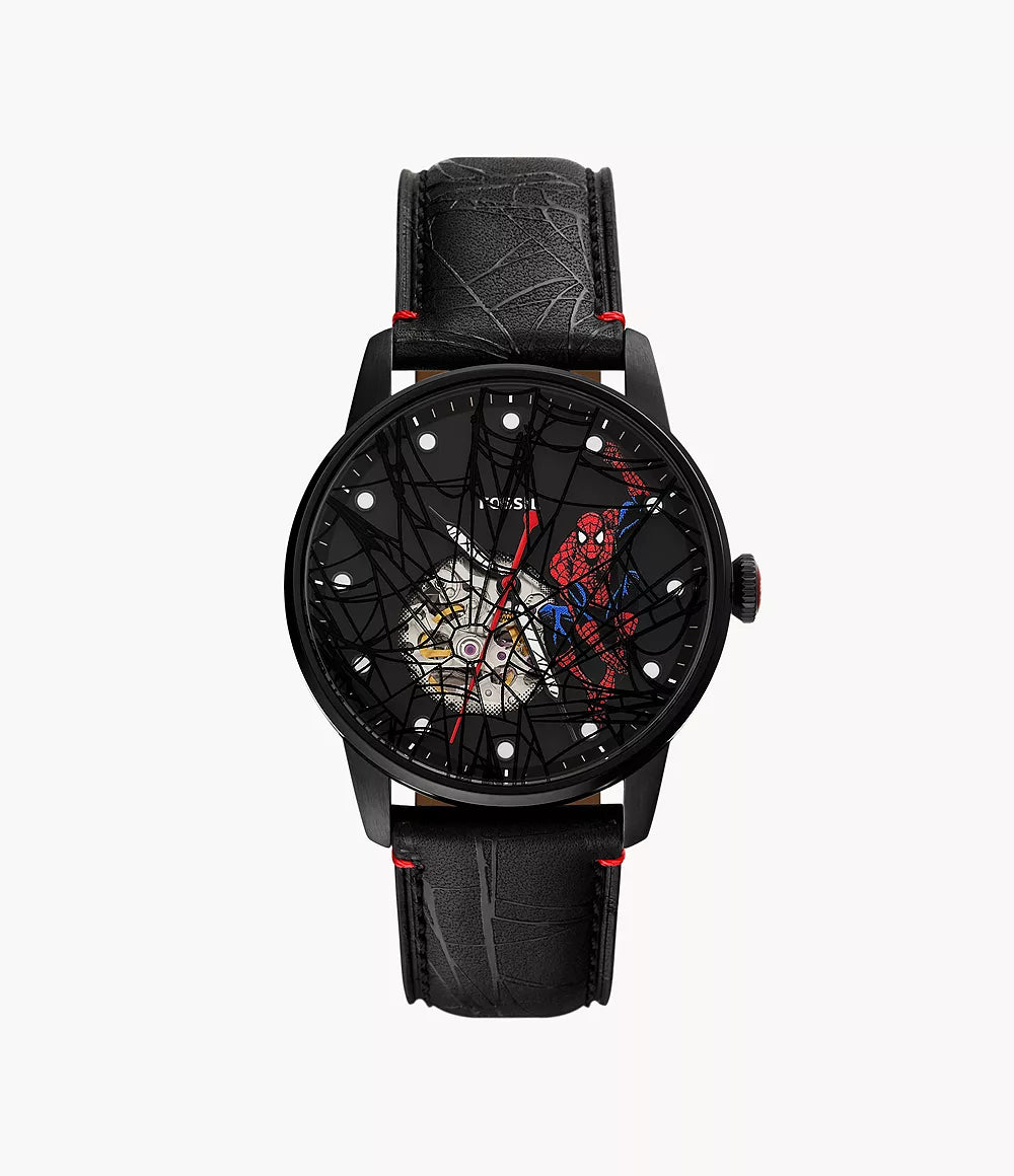 The Fossil Watch - Marvel Spider-Man - LE1247SET is a limited edition timepiece by Fossil, featuring a black strap and face adorned with a spiderweb design, a Spider-Man graphic, and visible internal gears. This watch showcases white hour markers, striking red accents, and runs on precise Japanese automatic movement.