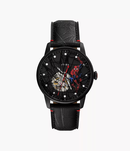 The Fossil Watch - Marvel Spider-Man - LE1247SET is a limited edition timepiece by Fossil, featuring a black strap and face adorned with a spiderweb design, a Spider-Man graphic, and visible internal gears. This watch showcases white hour markers, striking red accents, and runs on precise Japanese automatic movement.