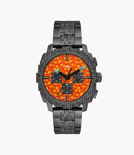 Introducing the limited-edition Fossil Watch - Minecraft The Nether - LE1251 by Fossil—a striking silver timepiece with a textured metal band and case. This watch features an orange checkered dial, black hour markers, three square subdials, and bold blue accents on the hour and minute hands. Inspired by the iconic Minecraft Fossil Watch collection, it’s a must-have for collectors and fans alike.