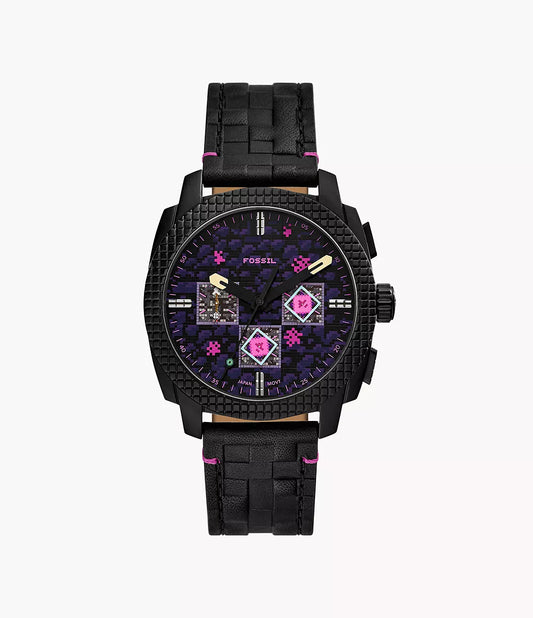 The Fossil Watch - Minecraft The End - LE1252 by Fossil features a black design with a pixelated purple and pink dial inspired by game graphics, complemented by a textured leather strap with subtle pink stitching accents—this Limited-Edition watch brings a playful Minecraft twist to classic style.