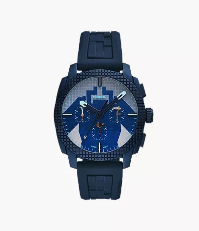 Fossil Watch - Minecraft Dungeons II (LE1253) by Fossil, featuring a blue chronograph design with a textured round face, three subdials, silver hour markers, and a matching blue silicone strap, displayed on a white background.