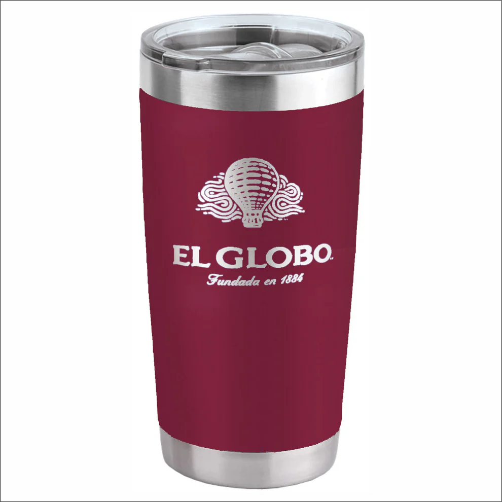 The JDS 20 oz maroon Ringneck Tumbler (LG13-MR) features a clear lid, hot air balloon design, and "El Globo, Fundada en 1884" in white on the front.
