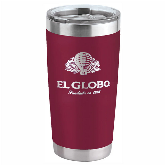 The JDS 20 oz maroon Ringneck Tumbler (LG13-MR) features a clear lid, hot air balloon design, and "El Globo, Fundada en 1884" in white on the front.