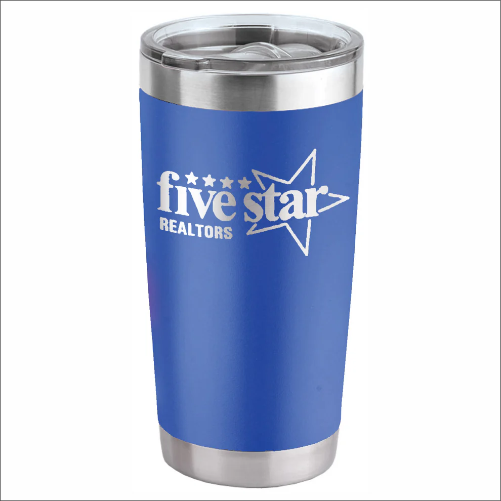 The JDS Tumbler 20 oz Royal Blue (LG13-BL) is a stainless steel, vacuum insulated tumbler with a transparent lid, featuring the white five star REALTORS logo and a star graphic on the front.