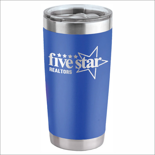 The JDS Tumbler 20 oz Royal Blue (LG13-BL) is a stainless steel, vacuum insulated tumbler with a transparent lid, featuring the white five star REALTORS logo and a star graphic on the front.