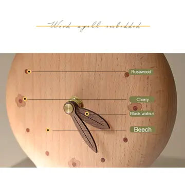 Close-up of the Senser Woodcraft Big Foot Clock (LL56): a handcrafted wooden clock with labeled sections of rosewood, cherry, black walnut, and beech. Wooden hands showcase the artistry behind this unique Senser Woodcraft piece.