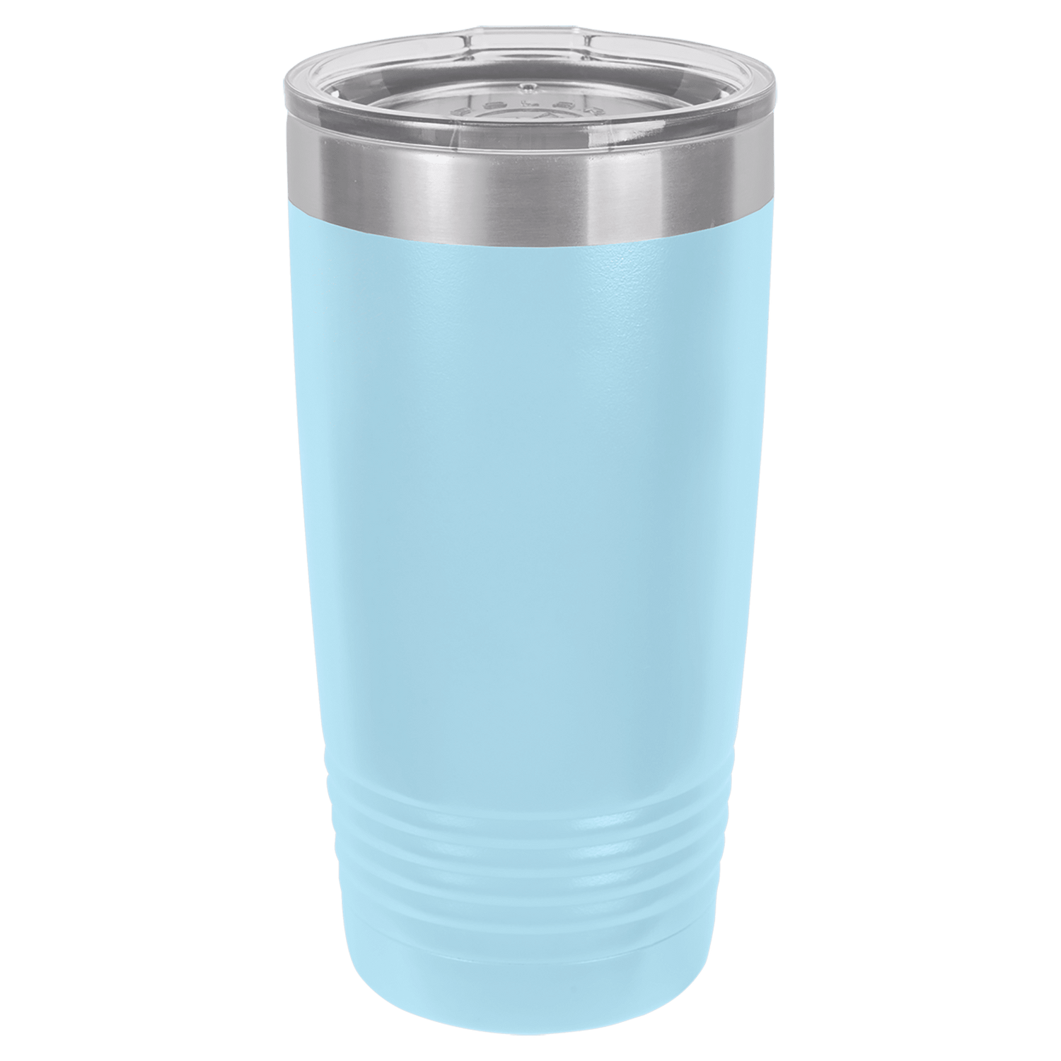 The JDS Light Blue Tumbler 20 oz (LTM7207-LG) features vacuum insulation, a clear plastic lid, and a metallic silver rim. It stands upright on a white background with Lake George branding.