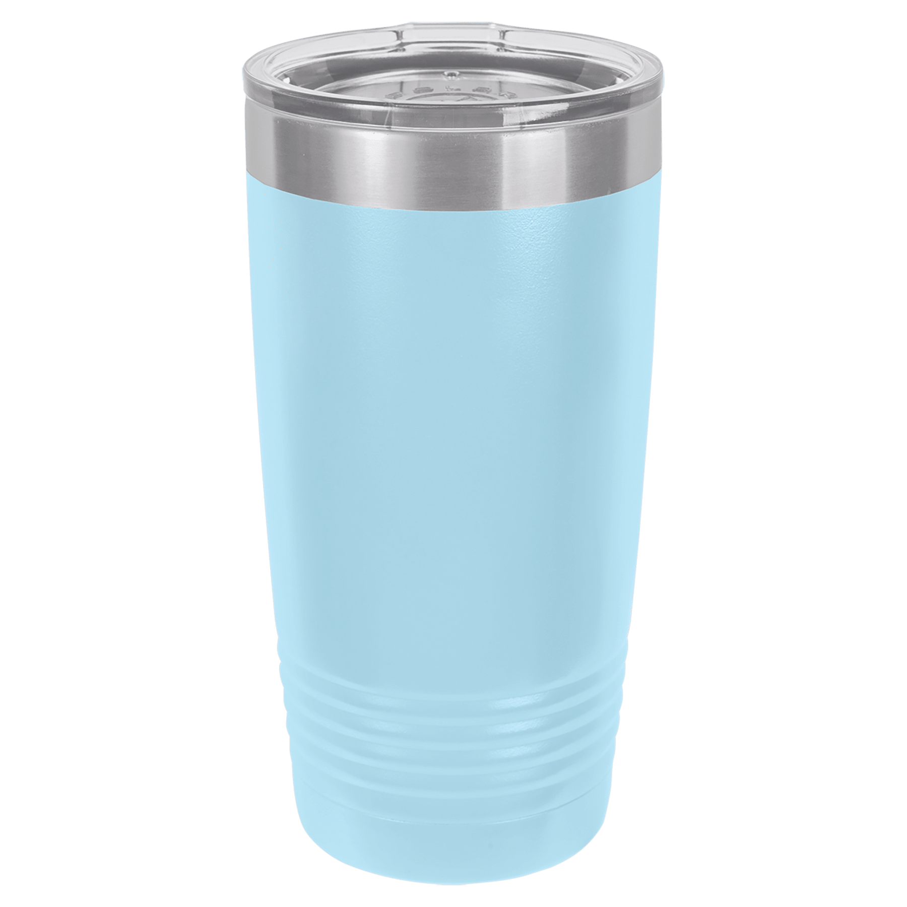 The JDS Light Blue Tumbler 20 oz (LTM7207-LG) features vacuum insulation, a clear plastic lid, and a metallic silver rim. It stands upright on a white background with Lake George branding.
