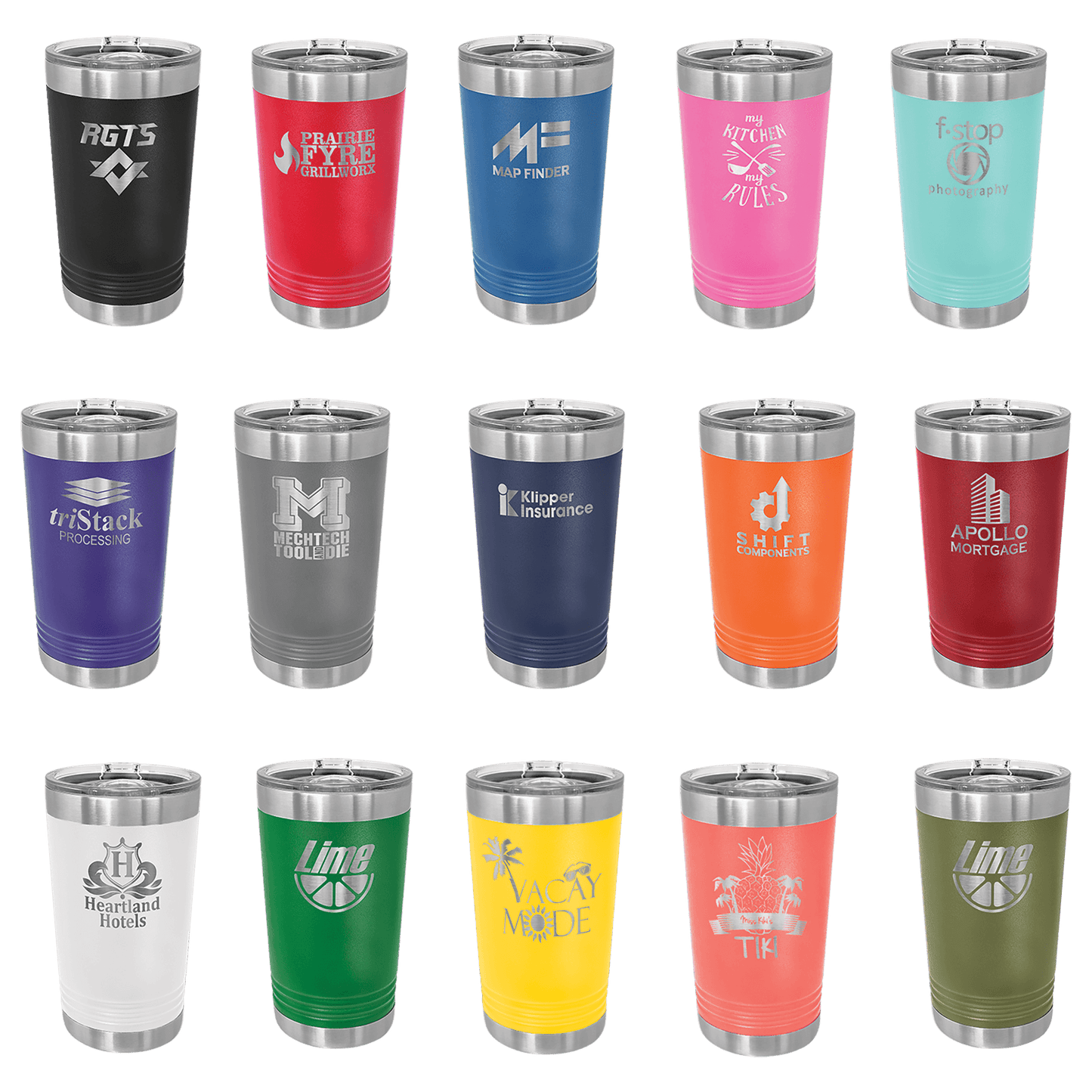 Fifteen customized JDS tumblers, including the Polar Camel Pink Pint Tumbler (JDS LTM755-GL Galway Lake), each with unique logos and text, are arranged in three rows of five against a white background.