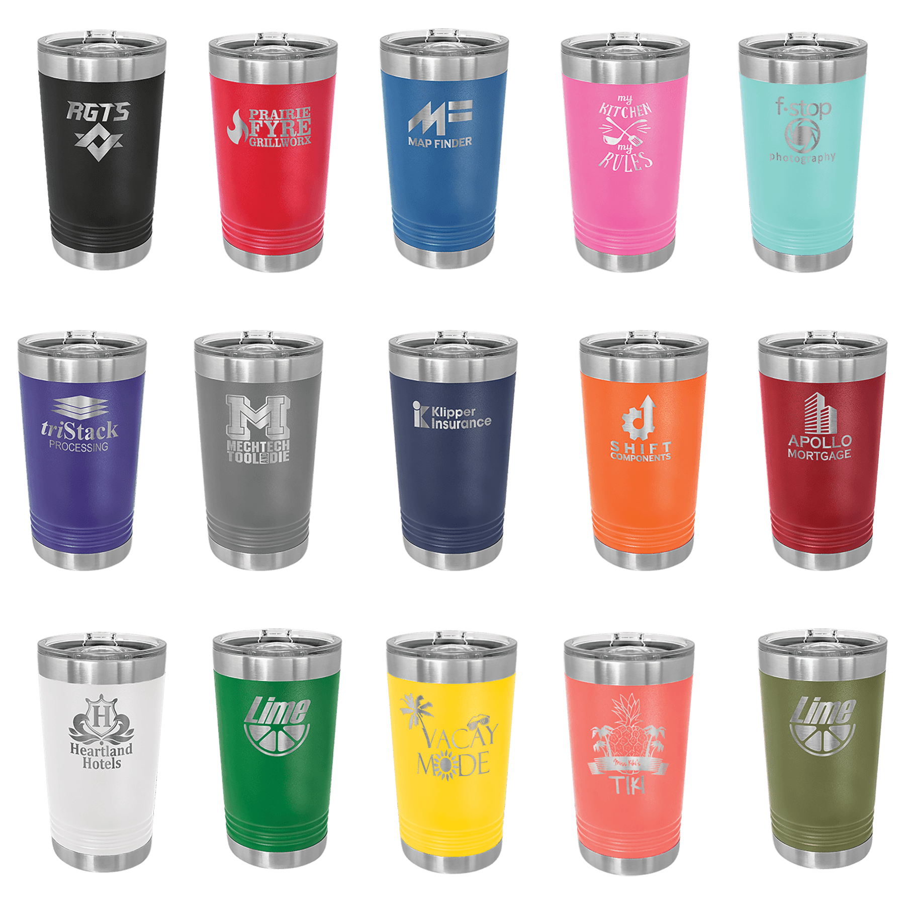 Fifteen customized JDS tumblers, including the Polar Camel Pink Pint Tumbler (JDS LTM755-GL Galway Lake), each with unique logos and text, are arranged in three rows of five against a white background.