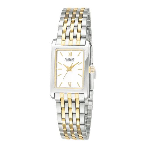 A Citizen ladies' quartz watch with a two-tone stainless steel bracelet, featuring a yellow accent on the case and a white dial.