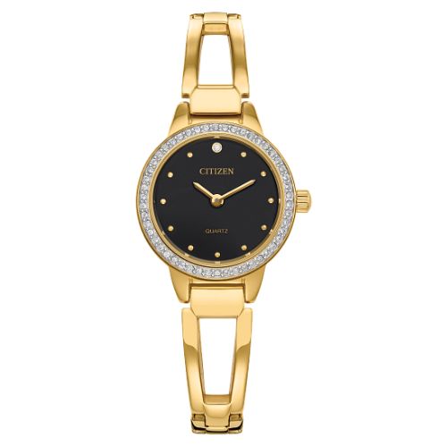 A Citizen ladies quartz watch with a black dial, gold-tone stainless-steel case, and bracelet adorned with crystals.
