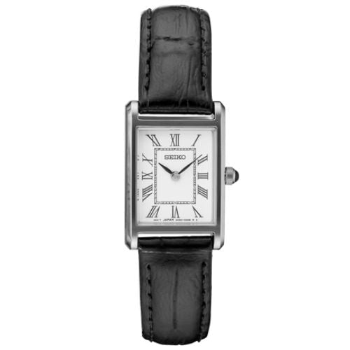 Black Seiko watch with a white face on a white background