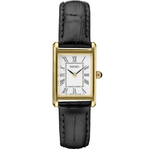 Women's rectangular watch with gold case and black leather strap on a white background from Seiko SWR054
