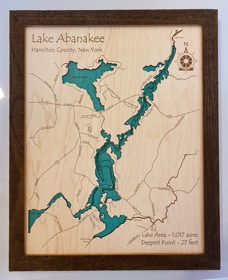 Lake Map - Lake Abanakee - Laser Carved Wooden Relief Map - 14" x 18" - New York