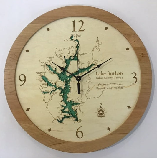 The Lake Art Lake Clock - Lake Burton - Custom Wooden Lake Clock - Georgia features a detailed green map on a light wood background and black hour, minute, and second hands—perfect for stylishly displaying your love of the lake.