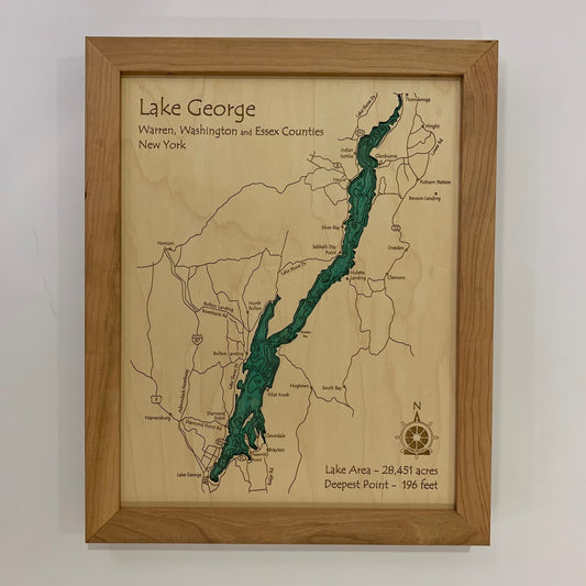 Lake George - Laser Carved Wooden Relief Map - 11" x 14" - New York