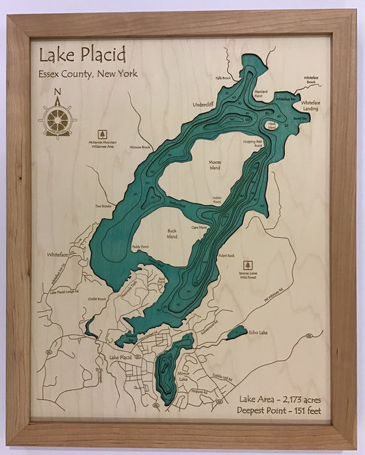 Lake Map - Lake Placid - Laser Carved Wooden Relief Map - 14" x 18" - New York