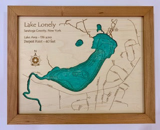 The Lake Art Lake Lonely Laser Carved Wooden Relief Map (11" x 14") showcases New York’s Lake Lonely with detailed lake area, depth, roads, and compass rose—perfect unique decor for lake lovers.
