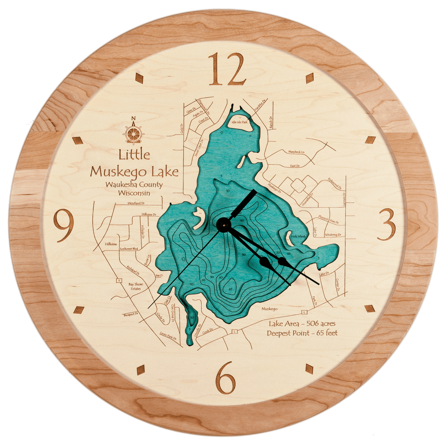 Lake Art’s Lake Clock - Little Muskego Lake is a custom wooden clock featuring a map of the Wisconsin lake with blue illustration, contour lines, labeled area (506 acres), and deepest point (65 ft), perfect for home décor.