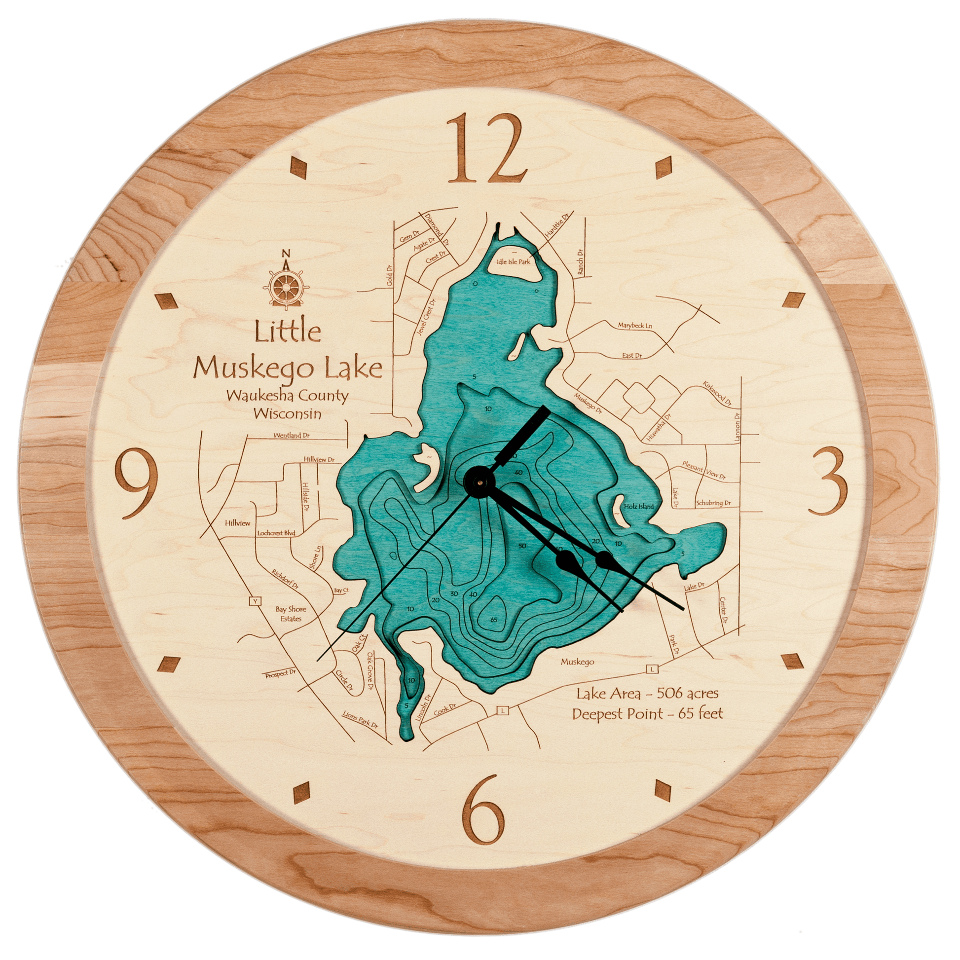 Lake Art’s Lake Clock - Little Muskego Lake is a custom wooden clock featuring a map of the Wisconsin lake with blue illustration, contour lines, labeled area (506 acres), and deepest point (65 ft), perfect for home décor.