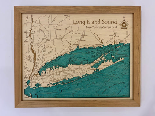 Long Island Sound - Laser Carved Wooden Relief Map - 14" x 18" - New York