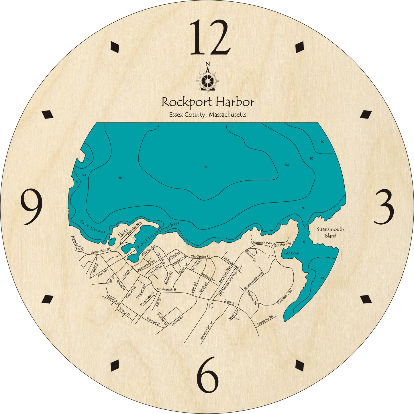 The Lake Art Lake Clock - Rockport Harbor features a custom wooden face with a detailed map of Rockport Harbor, MA, numbered hours on the edge, and an intricate outline of the harbor and local streets in the center.