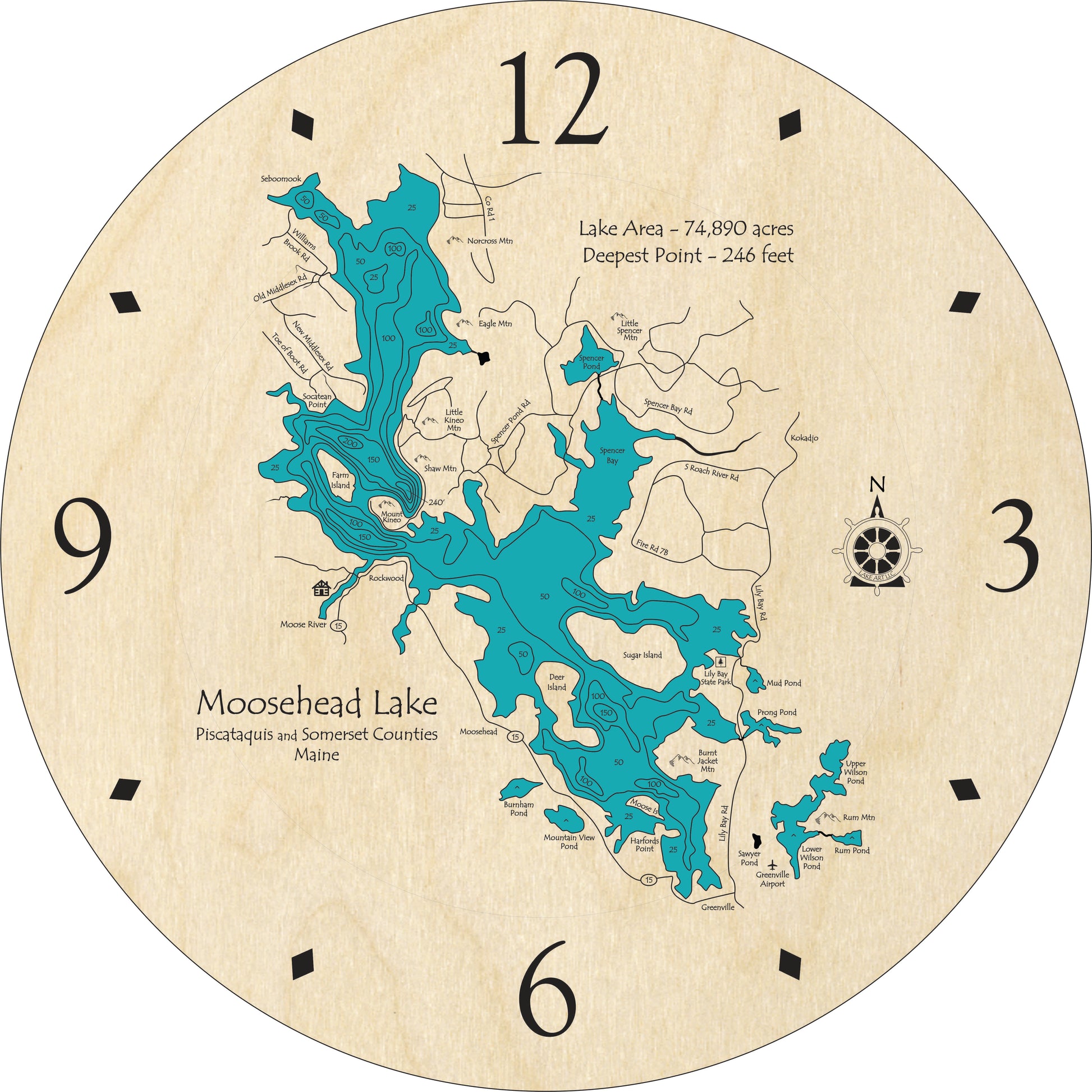 The Lake Art Lake Clock - Moosehead Lake ME Lake Map Clock - Custom features a wooden construction with a blue map of Moosehead Lake, Maine, displaying labeled depth and area, a compass rose, marked hours at 12, 3, 6, and 9 o’clock, and thin black triangles indicating the remaining hours.