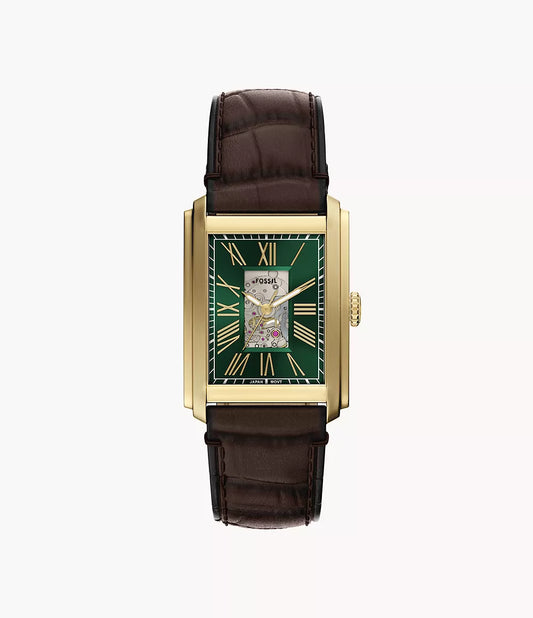 The Fossil Watch - Carraway - ME3271 features a rectangular gold-tone case, green dial with Roman numerals, center automatic skeleton movement, and a classic brown leather strap.
